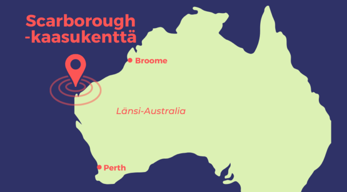 Kuvassa Australian kartta, johon länsirannikolle merkittynä Scarborough-kaasukentän sijainti punaisella.