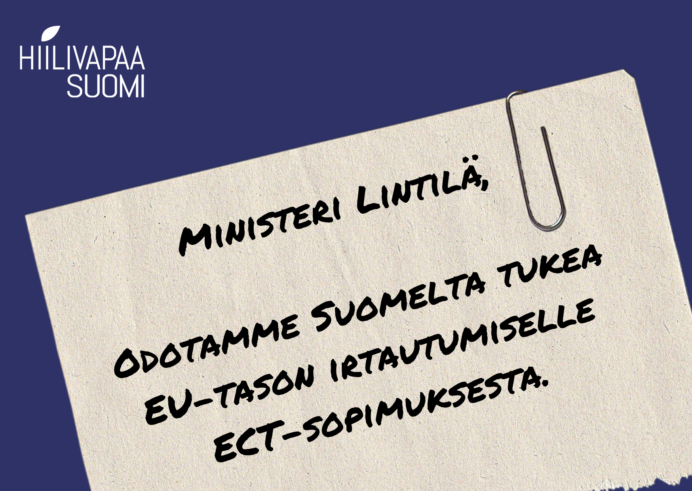 Kuvituskuva muistiosta, jonka päällä teksti: Ministeri Lintilä, odotamme Suomelta tukea EU-tason irtautumiselle ECT-sopimuksesta